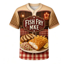 Load image into Gallery viewer, Fish Fry Friday Milwaukee Baseball Jersey in Rye Bread Brown, front view – beer-battered cod, rye bread and supper-club art, custom name and number