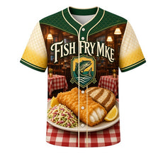 Load image into Gallery viewer, Fish Fry Friday Milwaukee Baseball Jersey in Coleslaw Green, front view – beer-battered cod, rye bread and supper-club art, custom name and number