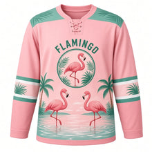 Load image into Gallery viewer, Flamingo Paradise Original Hockey Jersey in Flamingo Blush, front view – graceful pink flamingos in a bright tropical lagoon with flamingo crest, custom name and number