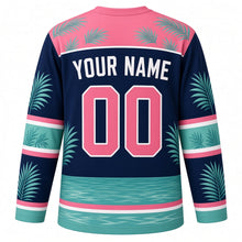 Load image into Gallery viewer, Flamingo Paradise Original Hockey Jersey in Tropical Night, back view with your name and number – palm-leaf yoke and palm leaf sleeve bands