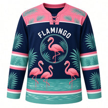 Load image into Gallery viewer, Flamingo Paradise Original Hockey Jersey in Tropical Night, front view – graceful pink flamingos in a bright tropical lagoon with flamingo crest, custom name and number