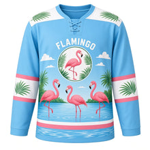 Load image into Gallery viewer, Flamingo Paradise Original Hockey Jersey in Lagoon Sky, front view – graceful pink flamingos in a bright tropical lagoon with flamingo crest, custom name and number