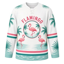 Load image into Gallery viewer, Flamingo Paradise Original Hockey Jersey in Coconut White, front view – graceful pink flamingos in a bright tropical lagoon with flamingo crest, custom name and number