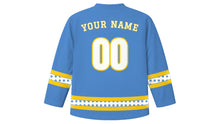 Load image into Gallery viewer, Flores de Mayo Original Hockey Jersey in Marian Blue, back view with your name and number