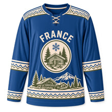 Load image into Gallery viewer, France Alpine Village Original Hockey Jersey in Savoie Blue, front view – custom name and number