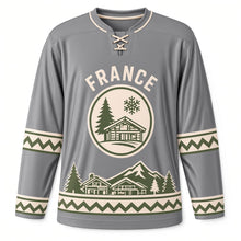 Load image into Gallery viewer, France Alpine Village Original Hockey Jersey in Peak Gray, front view – custom name and number