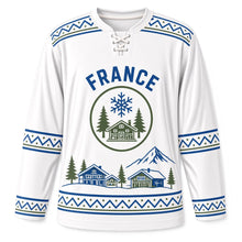 Load image into Gallery viewer, France Alpine Village Original Hockey Jersey in Snow White, front view – custom name and number