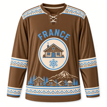 Load image into Gallery viewer, France Alpine Village Original Hockey Jersey in Chalet Wood, front view – custom name and number