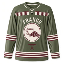 Load image into Gallery viewer, France Bistro Stripe Original Hockey Jersey in Bistro Green, front view – custom name and number