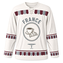 Load image into Gallery viewer, France Bistro Stripe Original Hockey Jersey in Café White, front view – custom name and number