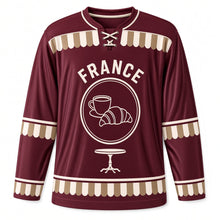 Load image into Gallery viewer, France Bistro Stripe Original Hockey Jersey in Bordeaux Wine, front view – custom name and number