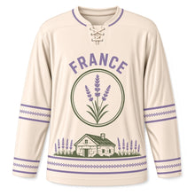 Load image into Gallery viewer, France Lavender Fields Original Hockey Jersey in Stone Cream, front view – custom name and number