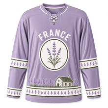 Load image into Gallery viewer, France Lavender Fields Original Hockey Jersey in Lavender, front view – custom name and number