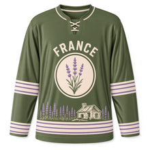Load image into Gallery viewer, France Lavender Fields Original Hockey Jersey in Olive Green, front view – custom name and number