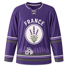 Load image into Gallery viewer, France Lavender Fields Original Hockey Jersey in Deep Violet, front view – custom name and number
