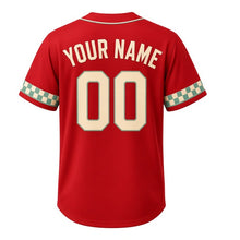 Load image into Gallery viewer, Frozen Custard Stand Milwaukee Baseball Jersey in Cherry Red, back view with your name and number – checkered and neon-stripe sleeve trim
