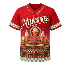Load image into Gallery viewer, Frozen Custard Stand Milwaukee Baseball Jersey in Cherry Red, front view – neon custard stand, swirled cones and MILWAUKEE script, custom name and number