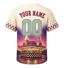 Load image into Gallery viewer, Frozen Custard Stand Milwaukee Baseball Jersey in Vanilla Cream, back view with your name and number – checkered and neon-stripe sleeve trim