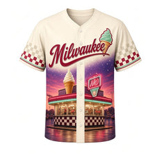 Load image into Gallery viewer, Frozen Custard Stand Milwaukee Baseball Jersey in Vanilla Cream, front view – neon custard stand, swirled cones and MILWAUKEE script, custom name and number