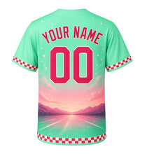 Load image into Gallery viewer, Frozen Custard Stand Milwaukee Baseball Jersey in Neon Mint, back view with your name and number – checkered and neon-stripe sleeve trim