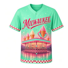 Load image into Gallery viewer, Frozen Custard Stand Milwaukee Baseball Jersey in Neon Mint, front view – neon custard stand, swirled cones and MILWAUKEE script, custom name and number