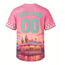 Load image into Gallery viewer, Frozen Custard Stand Milwaukee Baseball Jersey in Strawberry Swirl Pink, back view with your name and number – checkered and neon-stripe sleeve trim