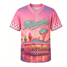 Load image into Gallery viewer, Frozen Custard Stand Milwaukee Baseball Jersey in Strawberry Swirl Pink, front view – neon custard stand, swirled cones and MILWAUKEE script, custom name and number