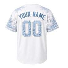 Load image into Gallery viewer, Frozen Lakeshore Milwaukee Baseball Jersey in Frost White, back view with your name and number – crystalline ice-pattern sleeves and yoke