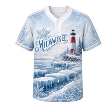 Load image into Gallery viewer, Frozen Lakeshore Milwaukee Baseball Jersey in Frost White, front view – frosted lighthouse, ice formations and snowy pines art, custom name and number