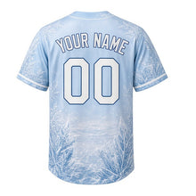 Load image into Gallery viewer, Frozen Lakeshore Milwaukee Baseball Jersey in Glacier Blue, back view with your name and number – crystalline ice-pattern sleeves and yoke