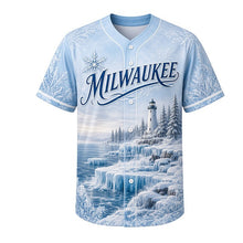 Load image into Gallery viewer, Frozen Lakeshore Milwaukee Baseball Jersey in Glacier Blue, front view – frosted lighthouse, ice formations and snowy pines art, custom name and number