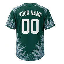 Load image into Gallery viewer, Frozen Lakeshore Milwaukee Baseball Jersey in Snowy Pine Green, back view with your name and number – crystalline ice-pattern sleeves and yoke