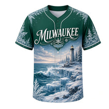 Load image into Gallery viewer, Frozen Lakeshore Milwaukee Baseball Jersey in Snowy Pine Green, front view – frosted lighthouse, ice formations and snowy pines art, custom name and number