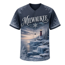 Load image into Gallery viewer, Frozen Lakeshore Milwaukee Baseball Jersey in Ice Slate Gray, front view – frosted lighthouse, ice formations and snowy pines art, custom name and number