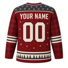 Load image into Gallery viewer, Frozen Pond Retro Original Hockey Jersey in Barn Red, back view with your name and number – snowflake-dot yoke and pine silhouette hem stripes