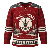 Load image into Gallery viewer, Frozen Pond Retro Original Hockey Jersey in Barn Red, front view – vintage frozen pond, pines and cabin with crossed-sticks patch crest, custom name and number