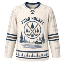 Load image into Gallery viewer, Frozen Pond Retro Original Hockey Jersey in Snow Cream, front view – vintage frozen pond, pines and cabin with crossed-sticks patch crest, custom name and number