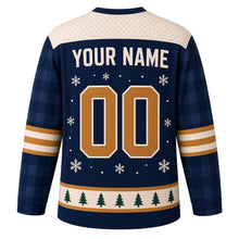 Load image into Gallery viewer, Frozen Pond Retro Original Hockey Jersey in Twilight Navy, back view with your name and number – snowflake-dot yoke and pine silhouette hem stripes