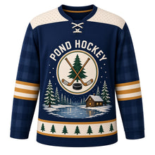 Load image into Gallery viewer, Frozen Pond Retro Original Hockey Jersey in Twilight Navy, front view – vintage frozen pond, pines and cabin with crossed-sticks patch crest, custom name and number