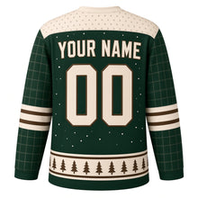 Load image into Gallery viewer, Frozen Pond Retro Original Hockey Jersey in Pine Cabin Green, back view with your name and number – snowflake-dot yoke and pine silhouette hem stripes