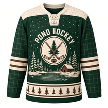 Load image into Gallery viewer, Frozen Pond Retro Original Hockey Jersey in Pine Cabin Green, front view – vintage frozen pond, pines and cabin with crossed-sticks patch crest, custom name and number