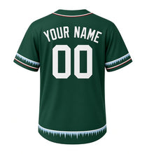 Load image into Gallery viewer, Frozen Waterfall Milwaukee Baseball Jersey in Snowy Pine Green, back view with your name and number – custom block name and number with icicle-pattern sleeves