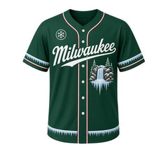 Load image into Gallery viewer, Frozen Waterfall Milwaukee Baseball Jersey in Snowy Pine Green, front view – frozen waterfall with icicles and snowy pines graphic, custom name and number