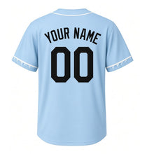 Load image into Gallery viewer, Frozen Waterfall Milwaukee Baseball Jersey in Glacier Sky Blue, back view with your name and number – custom block name and number with icicle-pattern sleeves