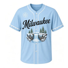 Load image into Gallery viewer, Frozen Waterfall Milwaukee Baseball Jersey in Glacier Sky Blue, front view – frozen waterfall with icicles and snowy pines graphic, custom name and number