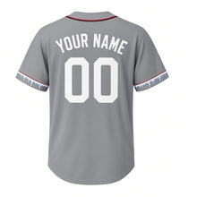 Load image into Gallery viewer, Frozen Waterfall Milwaukee Baseball Jersey in Winter Stone Gray, back view with your name and number – custom block name and number with icicle-pattern sleeves