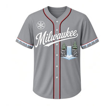 Load image into Gallery viewer, Frozen Waterfall Milwaukee Baseball Jersey in Winter Stone Gray, front view – frozen waterfall with icicles and snowy pines graphic, custom name and number
