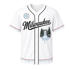 Load image into Gallery viewer, Frozen Waterfall Milwaukee Baseball Jersey in Ice Crystal White, front view – frozen waterfall with icicles and snowy pines graphic, custom name and number