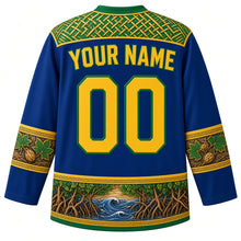 Load image into Gallery viewer, Gabon Original Hockey Jersey in Loango Blue, back view with your name and number – raffia-weave yoke and Atlantic wave hem band, detailed artwork