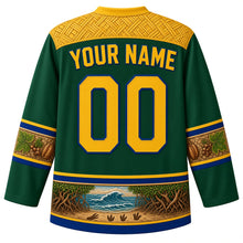 Load image into Gallery viewer, Gabon Original Hockey Jersey in Okoume Green, back view with your name and number – raffia-weave yoke and Atlantic wave hem band, detailed artwork